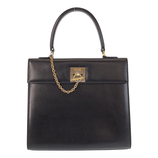 CELINE セリーヌ ヴィンテージ ガンチーニ ブラック 黒 ゴールド金具 レザー ハンドバッグ  レディース