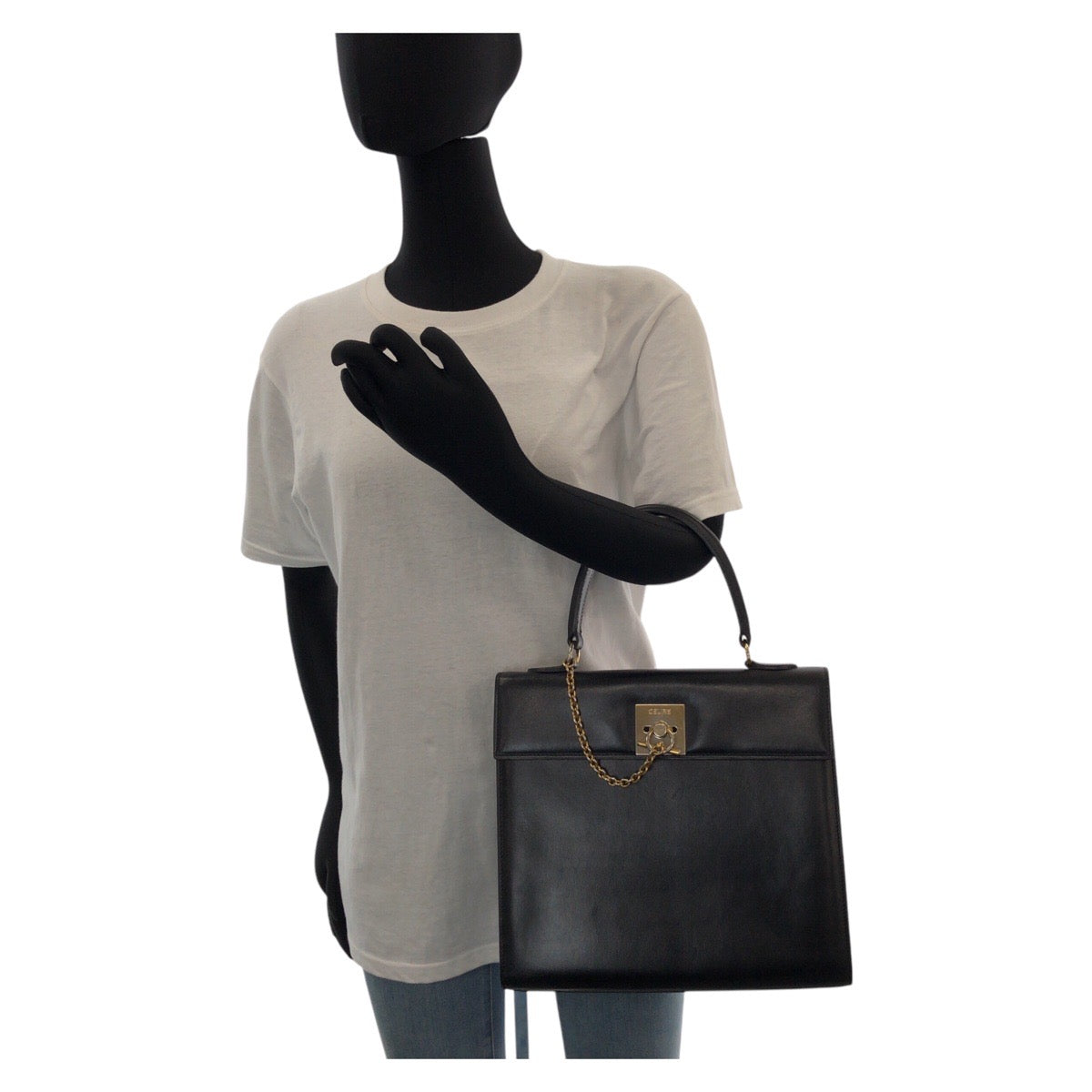CELINE セリーヌ ヴィンテージ ガンチーニ ブラック 黒 ゴールド金具 レザー ハンドバッグ  レディース