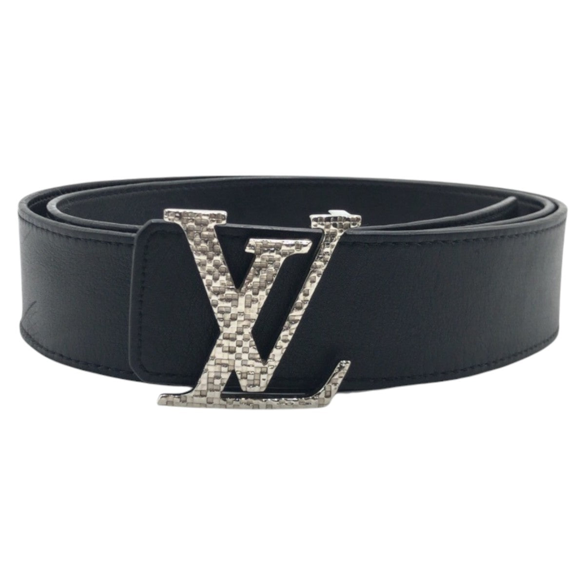LOUIS VUITTON ルイヴィトン サンチュールイニシャル LVモザイク ブラック 黒 シルバー金具 レザー M0163 ベルト バックル  メンズ