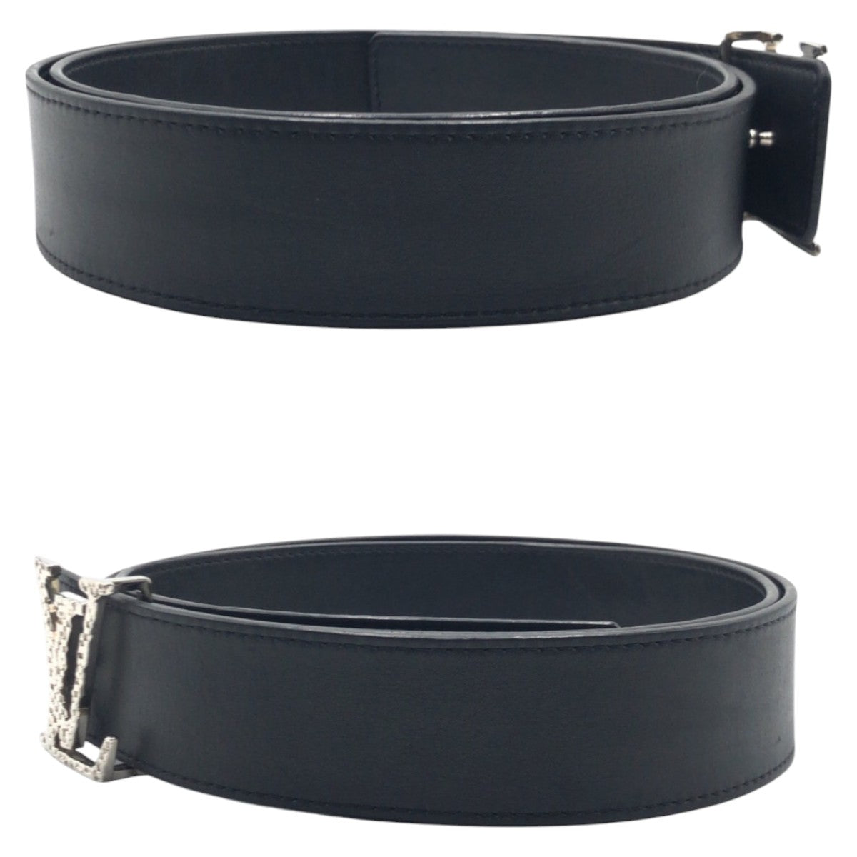 LOUIS VUITTON ルイヴィトン サンチュールイニシャル LVモザイク ブラック 黒 シルバー金具 レザー M0163 ベルト バックル  メンズ