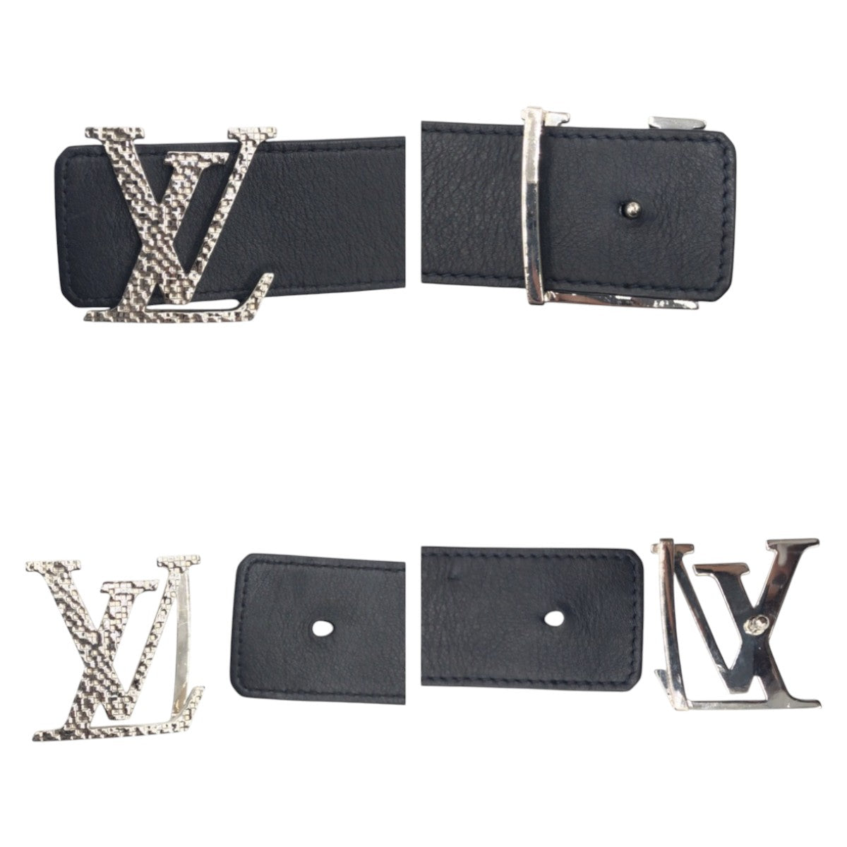 LOUIS VUITTON ルイヴィトン サンチュールイニシャル LVモザイク ブラック 黒 シルバー金具 レザー M0163 ベルト バックル  メンズ