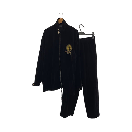 VERSACE ヴェルサーチ ヴィンテージ メデューサ ロゴ サイズL ブラック 黒 ゴールド ベロア セットアップ ジャージ  メンズ AB54