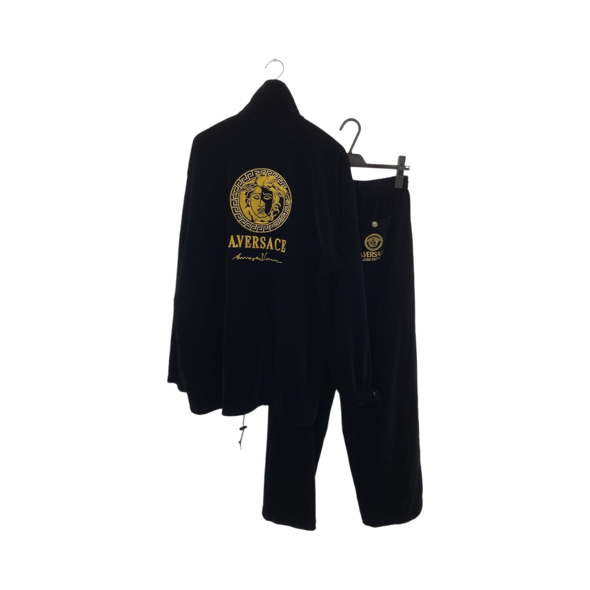 VERSACE ヴェルサーチ ヴィンテージ メデューサ ロゴ サイズL ブラック 黒 ゴールド ベロア セットアップ ジャージ  メンズ AB54