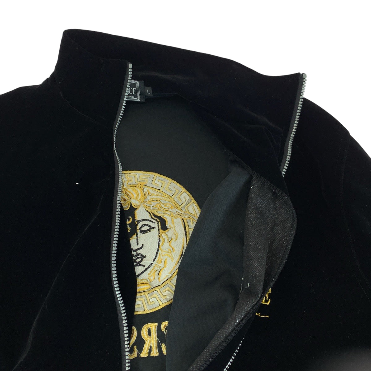 VERSACE ヴェルサーチ ヴィンテージ メデューサ ロゴ サイズL ブラック 黒 ゴールド ベロア セットアップ ジャージ  メンズ AB54