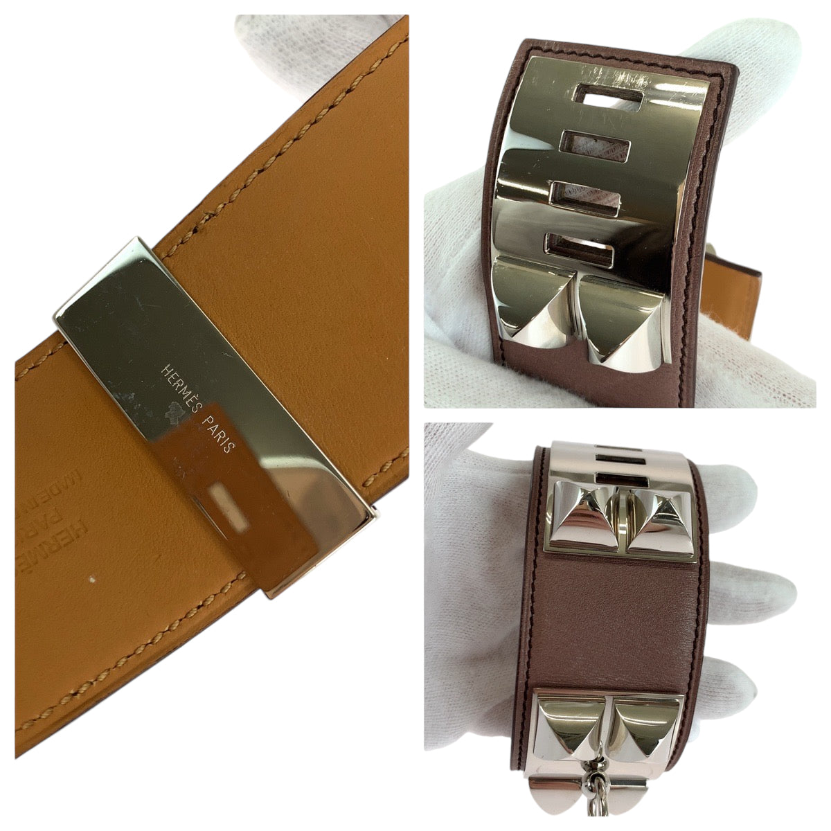 HERMES エルメス コリエドシアン ピンクブラウン シルバー金具 ヴォーエプソン ブレスレット バングル ▫︎L刻印  レディース