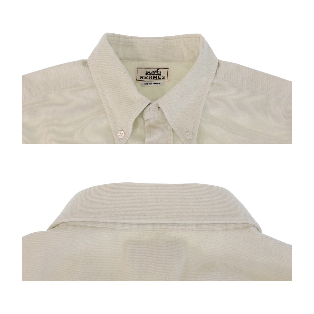 13981
HERMES エルメス 16/41 ホワイト アイボリー シルバー金具 シルク / コーデュロイ ボタンダウンシャツ  メンズ