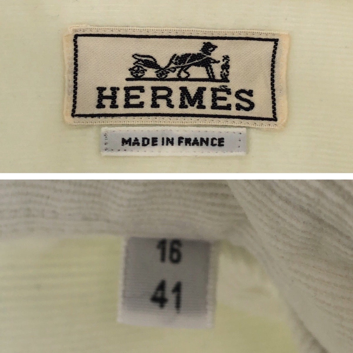 13981
HERMES エルメス 16/41 ホワイト アイボリー シルバー金具 シルク / コーデュロイ ボタンダウンシャツ  メンズ