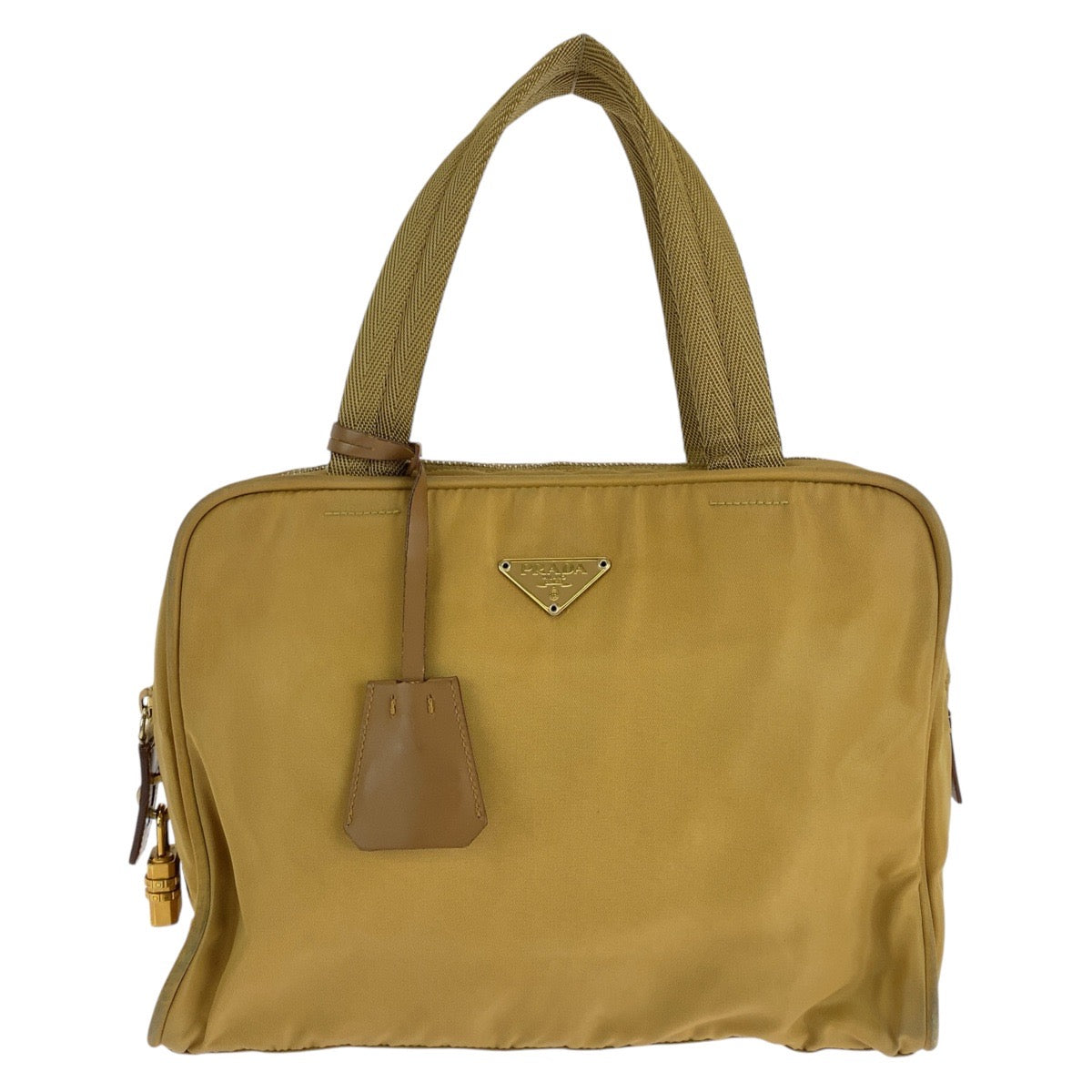 14486
PRADA プラダ テスート 三角ロゴプレート イエロー ゴールド金具 ナイロン ハンドバッグ  レディース