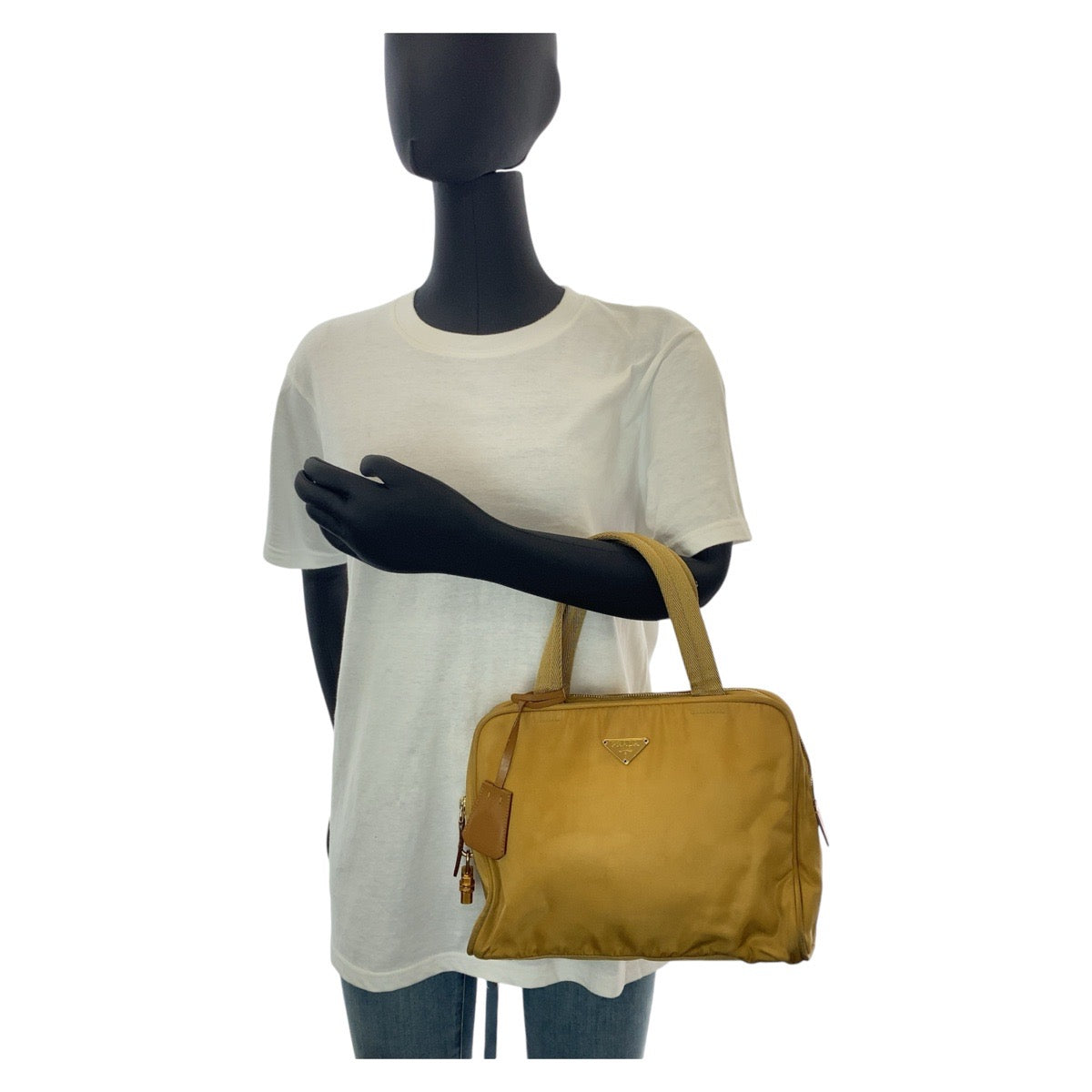 14486
PRADA プラダ テスート 三角ロゴプレート イエロー ゴールド金具 ナイロン ハンドバッグ  レディース