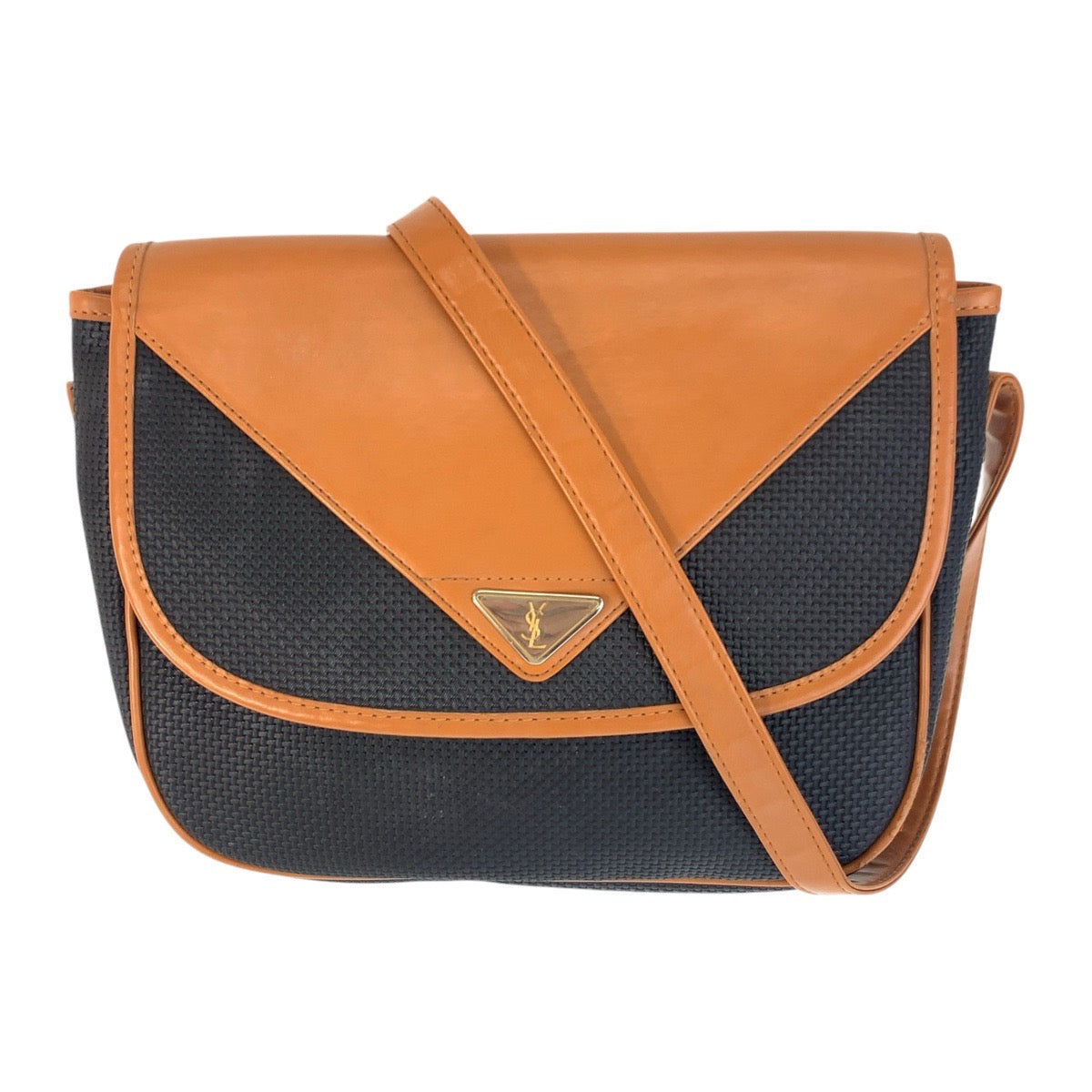 13988
YVES SAINT LAURENT イヴ サンローラン ヴィンテージ YSL ブラウン ネイビー ゴールド金具 PVC / レザー 斜め掛け ショルダーバッグ  レディース