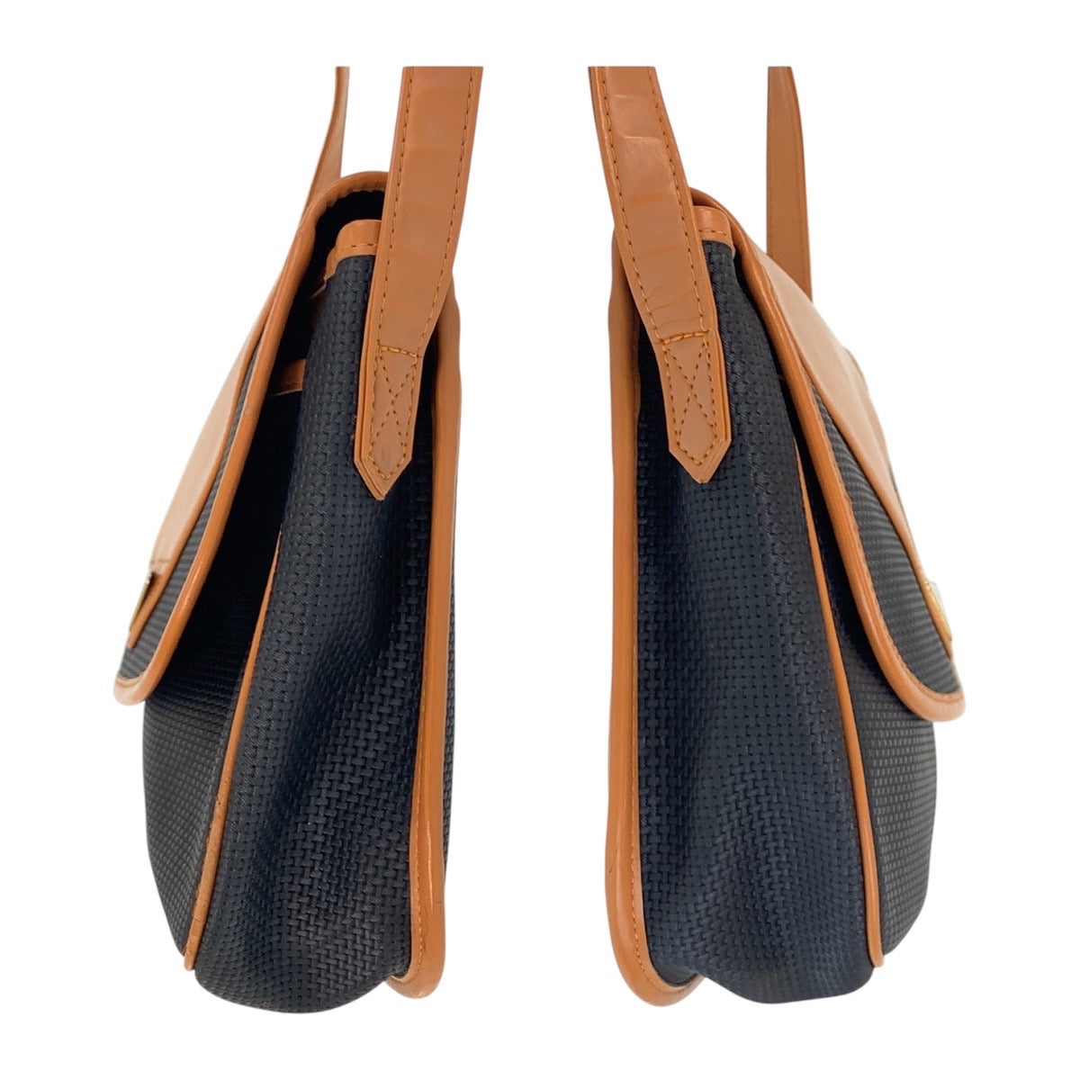 13988
YVES SAINT LAURENT イヴ サンローラン ヴィンテージ YSL ブラウン ネイビー ゴールド金具 PVC / レザー 斜め掛け ショルダーバッグ  レディース