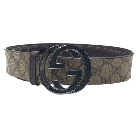 GUCCI Gucci Interlocking Beige Brown Silver Hardware GG Supreme Canvas / Leather 114984 Belt GG Buckle Men's