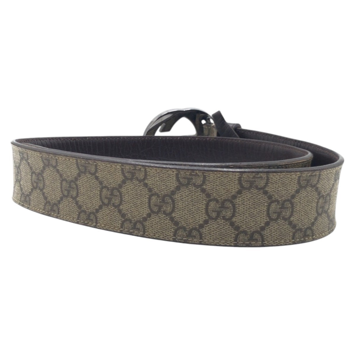 GUCCI Gucci Interlocking Beige Brown Silver Hardware GG Supreme Canvas / Leather 114984 Belt GG Buckle Men's