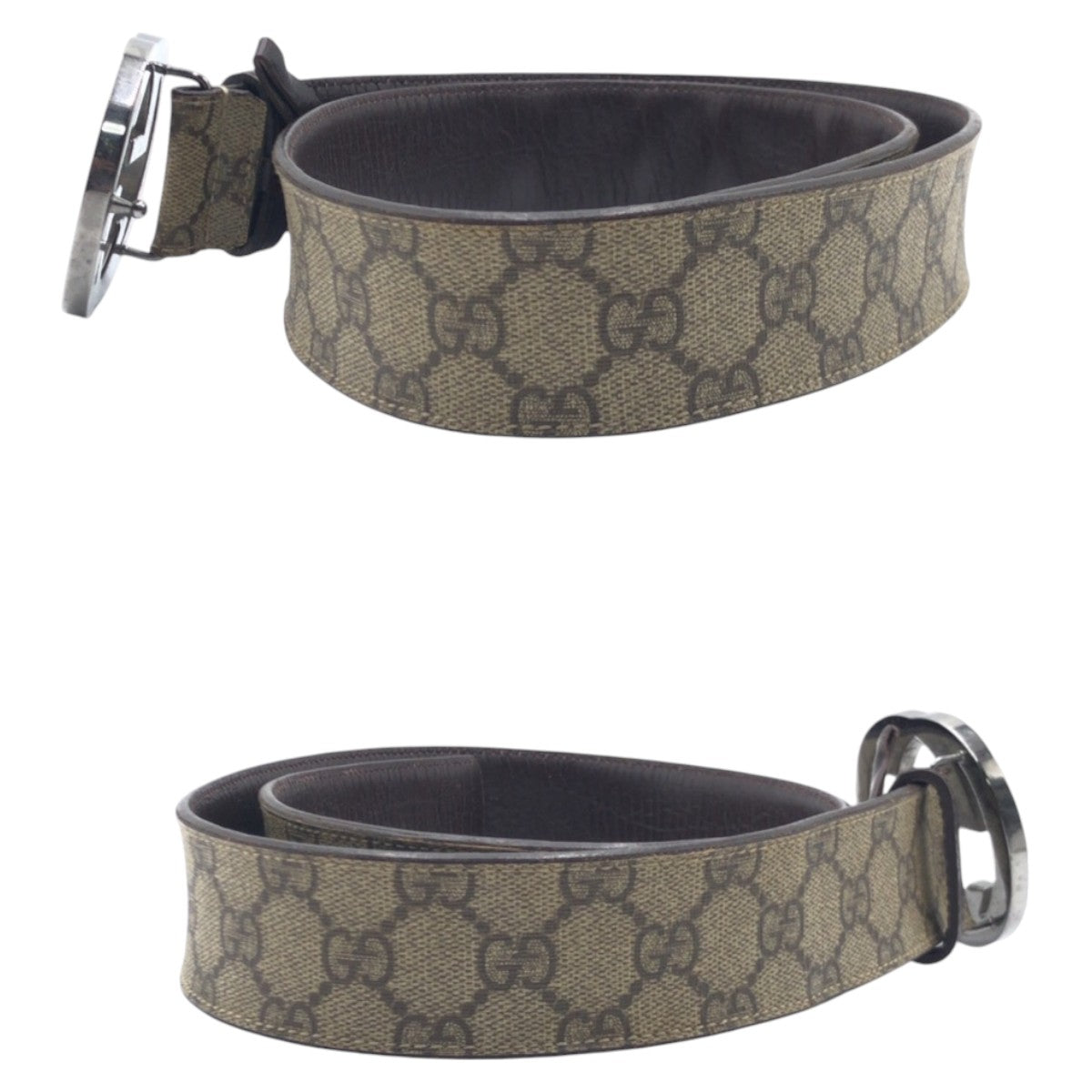 GUCCI Gucci Interlocking Beige Brown Silver Hardware GG Supreme Canvas / Leather 114984 Belt GG Buckle Men's