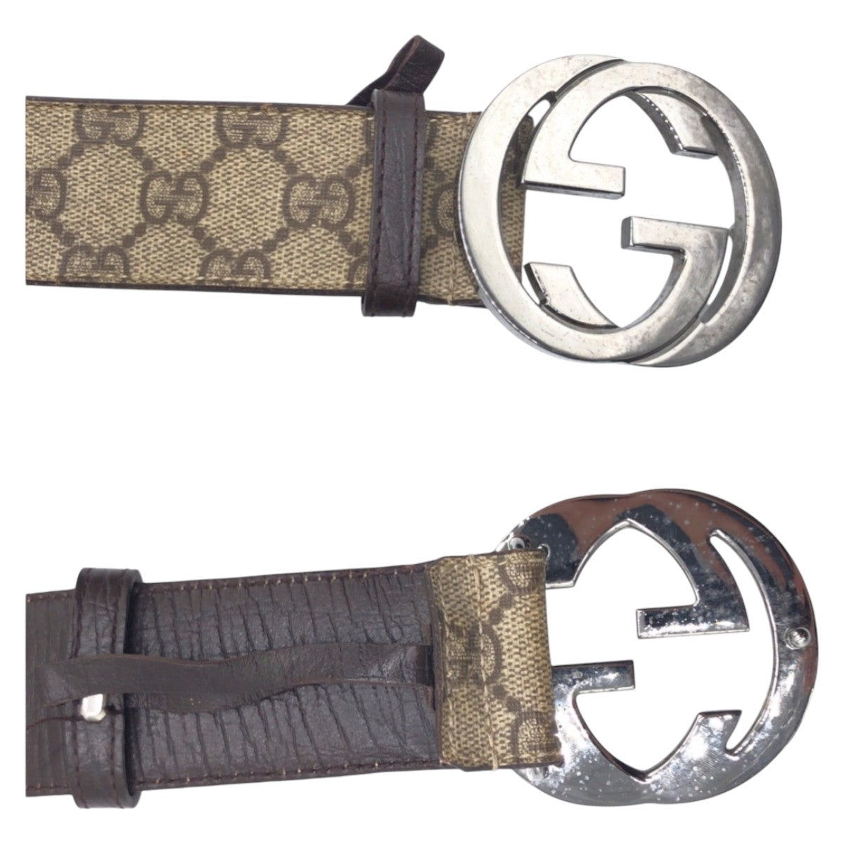 GUCCI Gucci Interlocking Beige Brown Silver Hardware GG Supreme Canvas / Leather 114984 Belt GG Buckle Men's