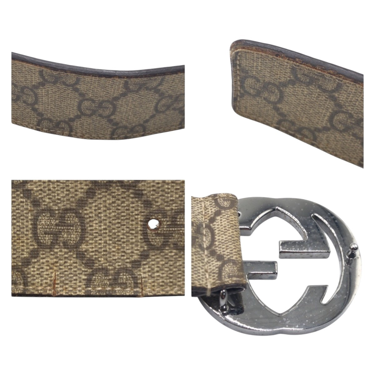 GUCCI Gucci Interlocking Beige Brown Silver Hardware GG Supreme Canvas / Leather 114984 Belt GG Buckle Men's