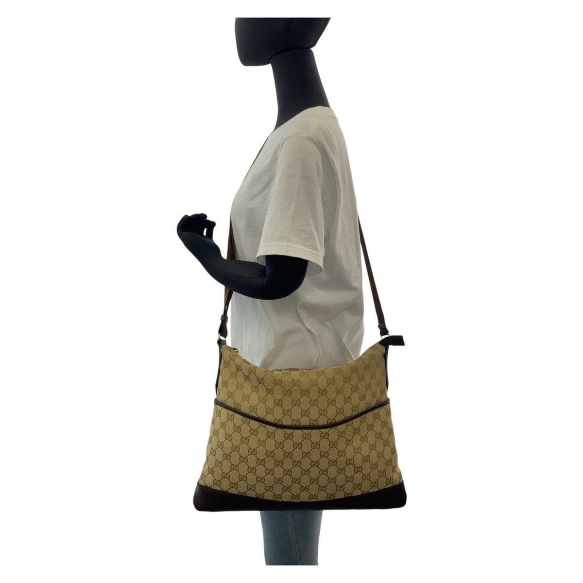 14513
GUCCI グッチ ベージュ ブラウン シルバー金具 GGキャンバス / レザー 374411 斜め掛け ショルダーバッグ メッセンジャーバッグ  レディース