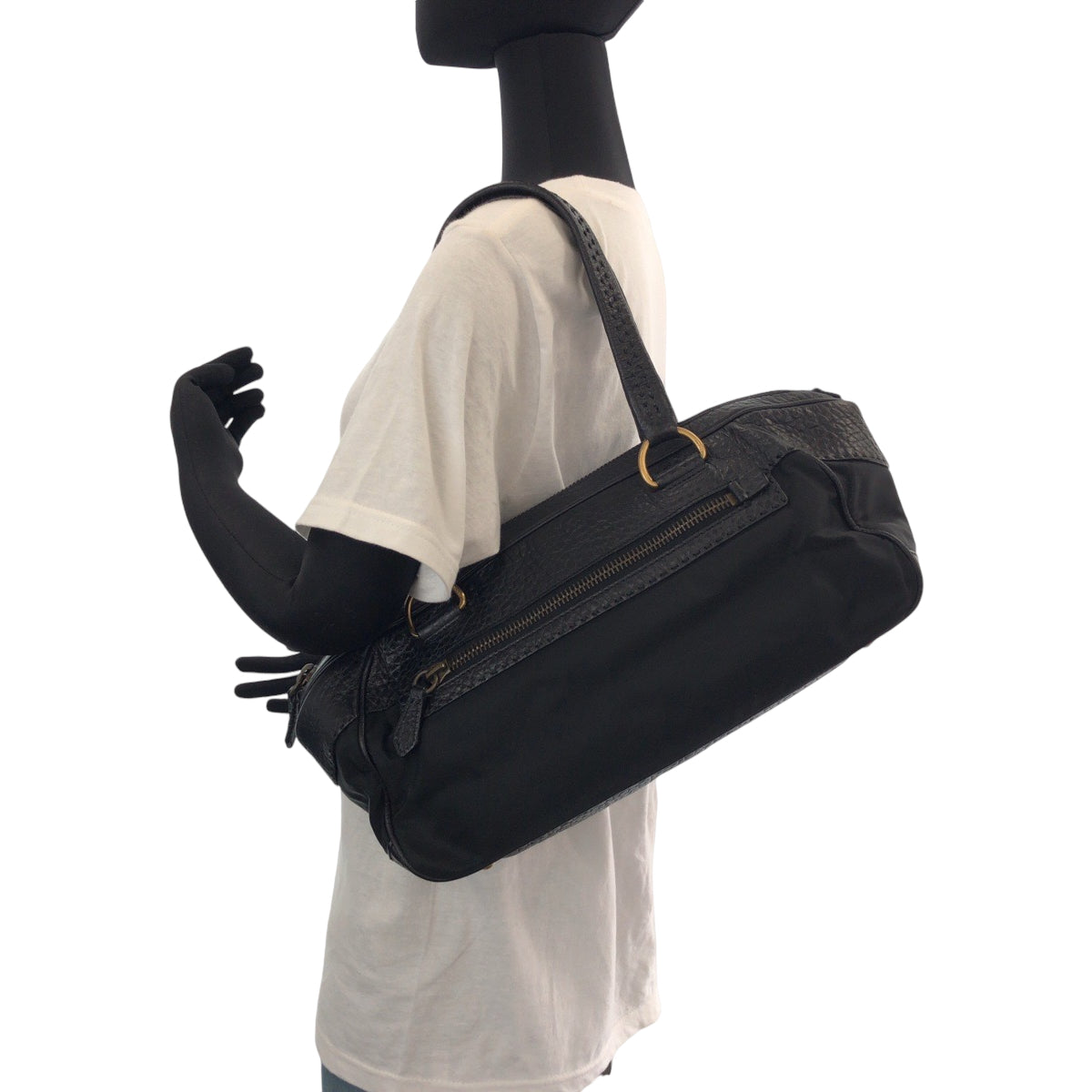 14516
PRADA プラダ テスート 三角ロゴプレート ブラック 黒 ゴールド金具 レザー / ナイロン トートバッグ ショルダーバッグ  レディース