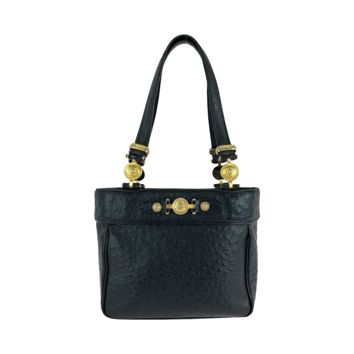 14521
VERSACE ヴェルサーチ ヴィンテージ サンバースト 型押しレザー ブラック 黒 ゴールド金具 レザー ハンドバッグ ショルダーバッグ  レディース