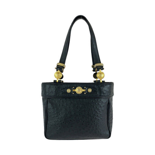 14521
VERSACE ヴェルサーチ ヴィンテージ サンバースト 型押しレザー ブラック 黒 ゴールド金具 レザー ハンドバッグ ショルダーバッグ  レディース