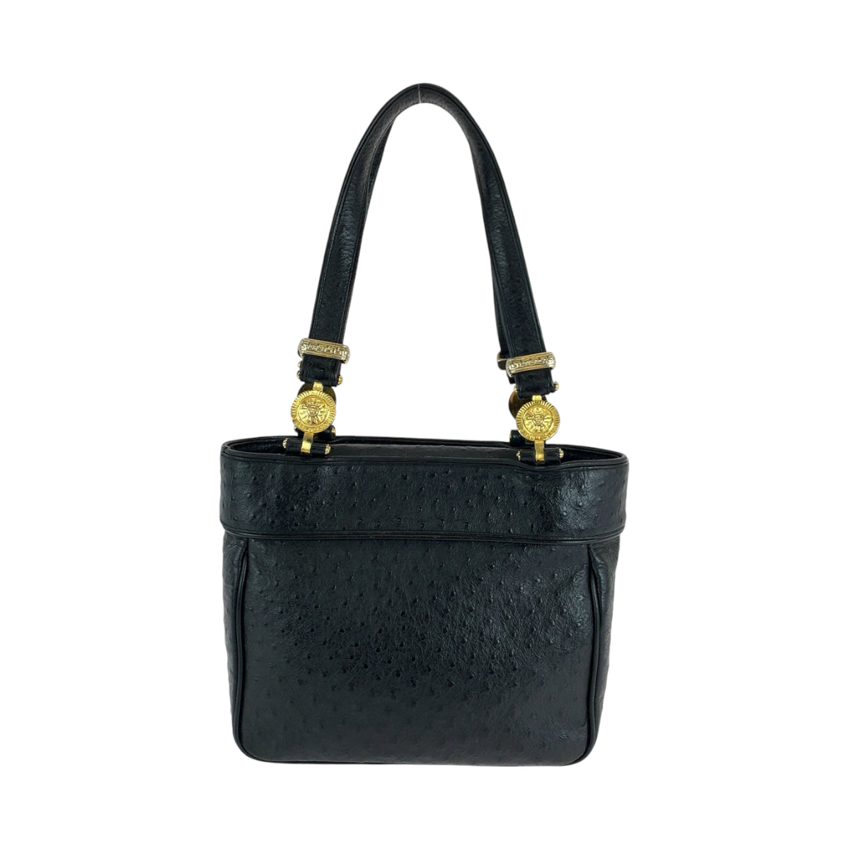14521
VERSACE ヴェルサーチ ヴィンテージ サンバースト 型押しレザー ブラック 黒 ゴールド金具 レザー ハンドバッグ ショルダーバッグ  レディース