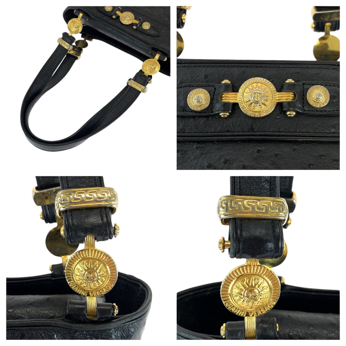 14521
VERSACE ヴェルサーチ ヴィンテージ サンバースト 型押しレザー ブラック 黒 ゴールド金具 レザー ハンドバッグ ショルダーバッグ  レディース