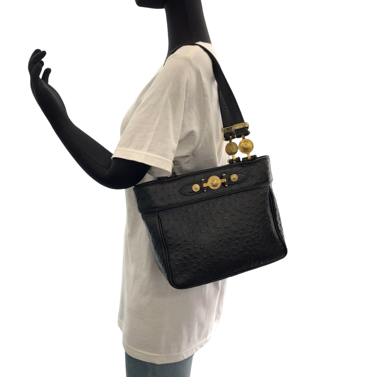 14521
VERSACE ヴェルサーチ ヴィンテージ サンバースト 型押しレザー ブラック 黒 ゴールド金具 レザー ハンドバッグ ショルダーバッグ  レディース
