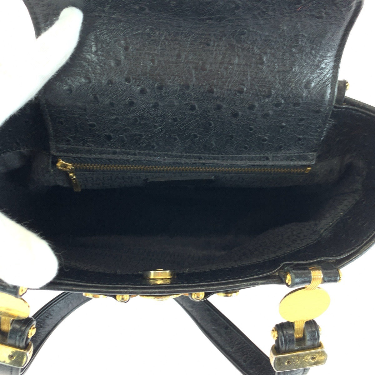 14521
VERSACE ヴェルサーチ ヴィンテージ サンバースト 型押しレザー ブラック 黒 ゴールド金具 レザー ハンドバッグ ショルダーバッグ  レディース