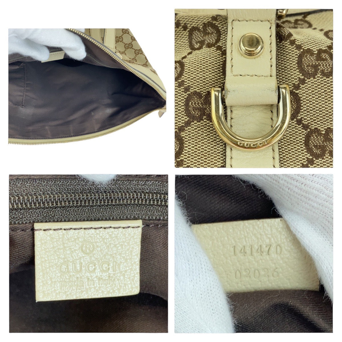 14524
GUCCI グッチ ベージュ ホワイト ゴールド金具 GGキャンバス / レザー 141470 トートバッグ ショルダーバッグ  レディース