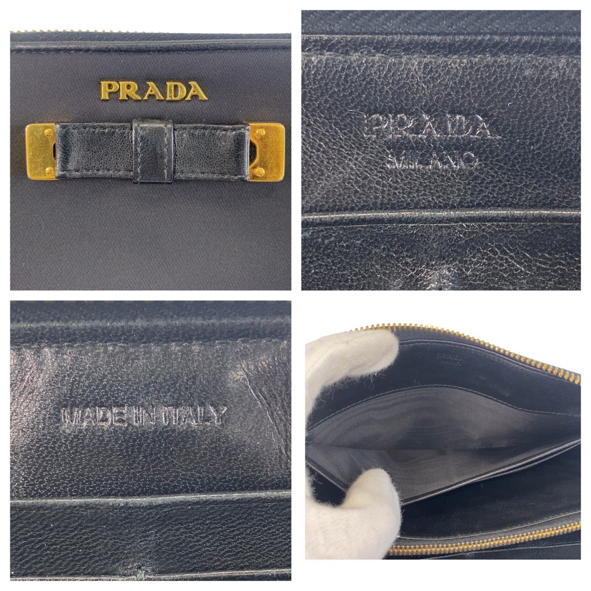 14528
PRADA プラダ リボン ブラック 黒 ゴールド金具 ナイロン 長財布 ロングウォレット  レディース ABP21