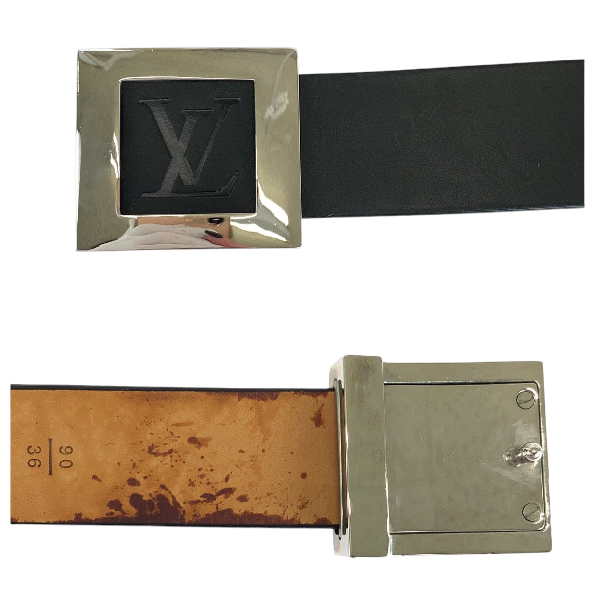 13999
LOUIS VUITTON ルイヴィトン サンチュール LVスタンプ 90cm/36inc ブラック 黒 シルバー金具 レザー M6896 ベルト スクエアバックル  メンズ