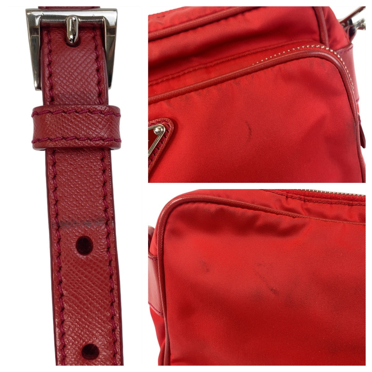 14541
PRADA プラダ テスート 三角ロゴプレート レッド シルバー金具 ナイロン 斜め掛け ショルダーバッグ ポシェット  レディース AB30