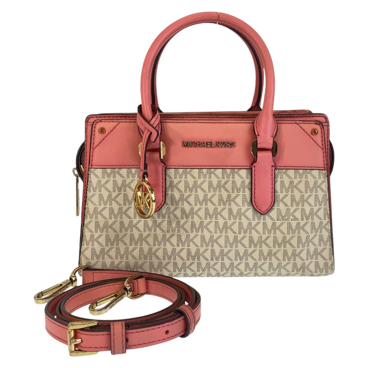 14544
Michael Kors マイケルコース MKシグネチャー サッチェル スモール ピンク ホワイト ゴールド金具 PVC / レザー ハンドバッグ ショルダーバッグ 2way  レディース