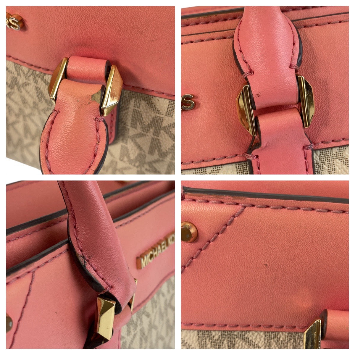 14544
Michael Kors マイケルコース MKシグネチャー サッチェル スモール ピンク ホワイト ゴールド金具 PVC / レザー ハンドバッグ ショルダーバッグ 2way  レディース