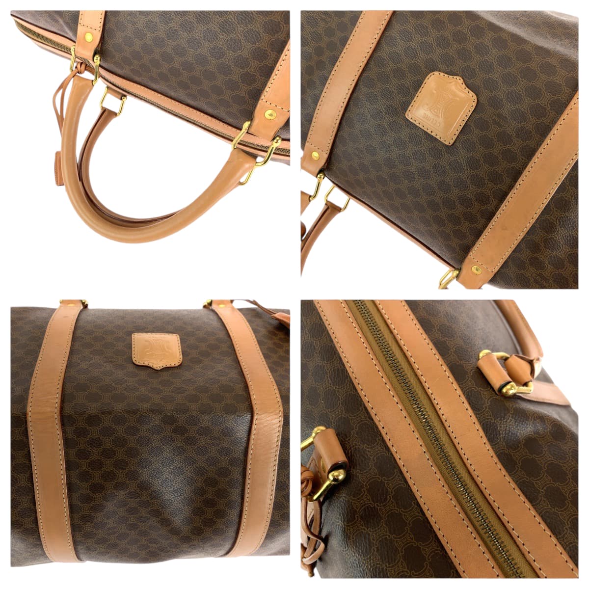 14556
CELINE セリーヌ ヴィンテージ マカダム柄 ブラウン ゴールド金具 PVC ボストンバッグ ハンドバッグ  レディース