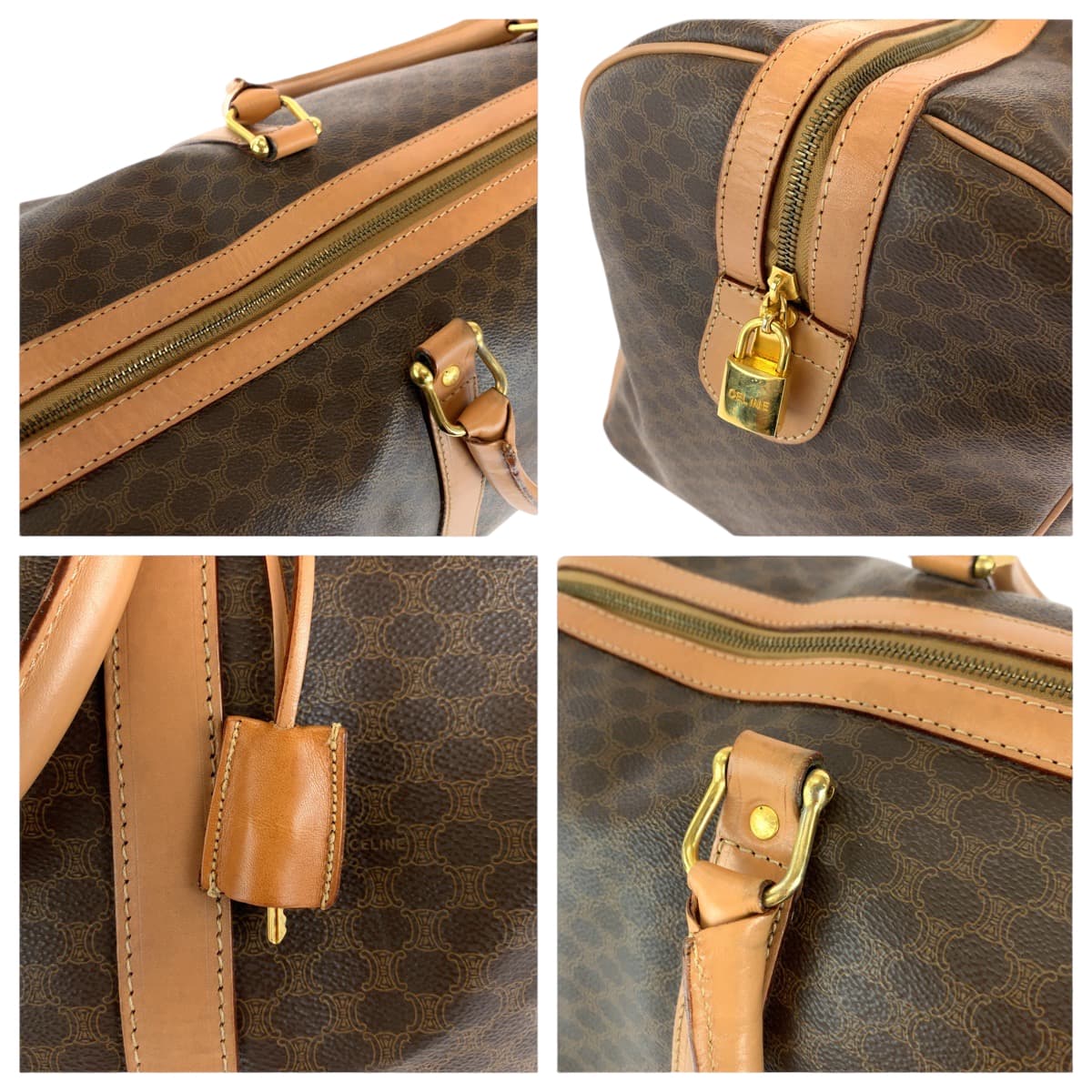 14556
CELINE セリーヌ ヴィンテージ マカダム柄 ブラウン ゴールド金具 PVC ボストンバッグ ハンドバッグ  レディース