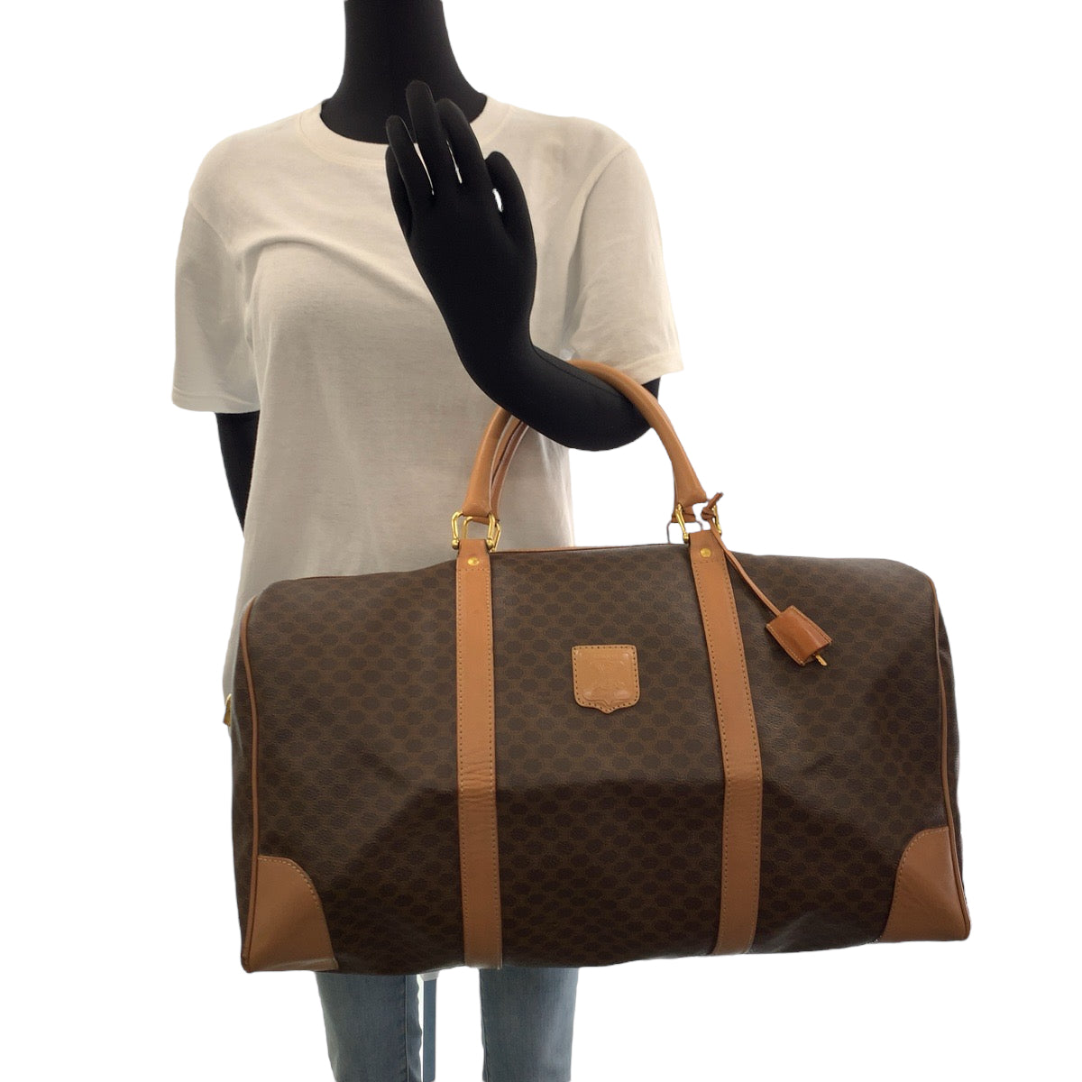14556
CELINE セリーヌ ヴィンテージ マカダム柄 ブラウン ゴールド金具 PVC ボストンバッグ ハンドバッグ  レディース