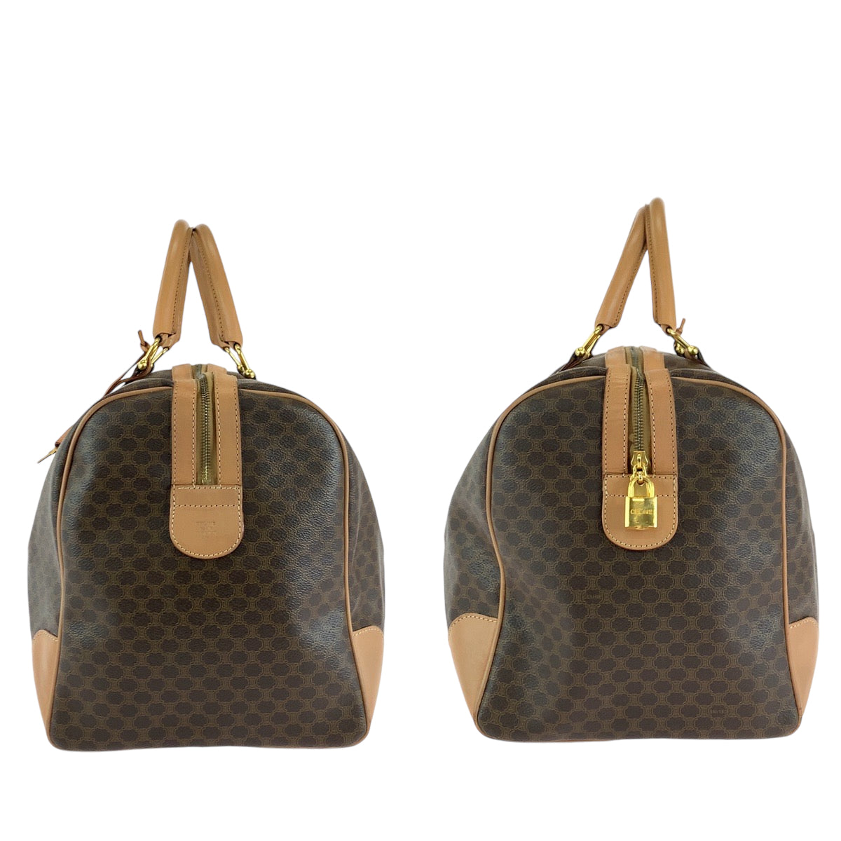 14556
CELINE セリーヌ ヴィンテージ マカダム柄 ブラウン ゴールド金具 PVC ボストンバッグ ハンドバッグ  レディース