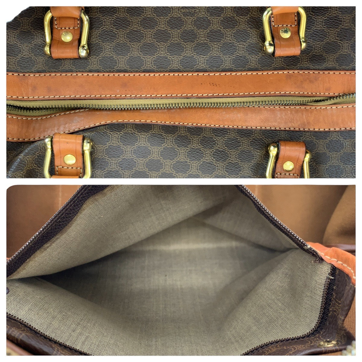 14557
CELINE セリーヌ ヴィンテージ マカダム ブラウン ゴールド金具 PVC / レザー ボストンバッグ 男女兼用  レディース