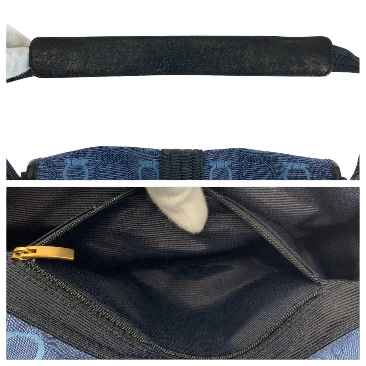 14561
Salvatore Ferragamo サルヴァトーレフェラガモ ガンチーニ ブルー ゴールド金具 キャンバス / レザー ショルダーバッグ  レディース