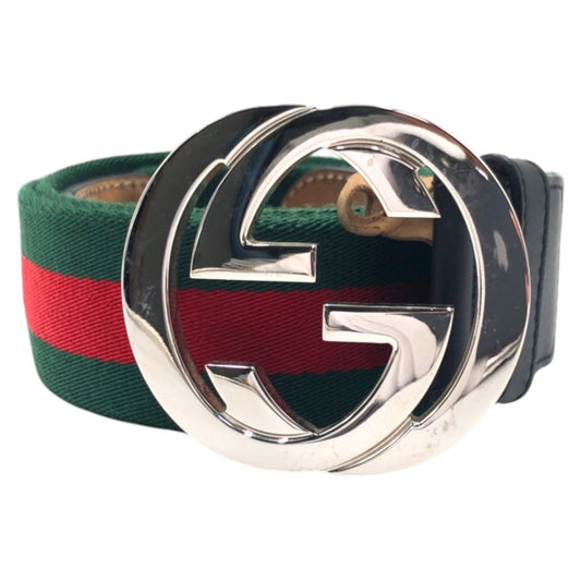 GUCCI グッチ シェリーライン インターロッキングG グリーン レッド シルバー コットン / メタル ベルト  メンズ