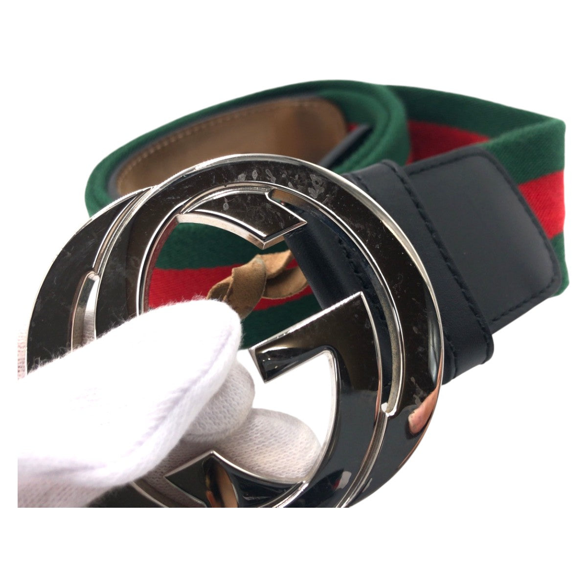 GUCCI グッチ シェリーライン インターロッキングG グリーン レッド シルバー コットン / メタル ベルト  メンズ