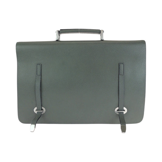 14582
PRADA プラダ バイカラー 三角ロゴプレート グリーン ブルー シルバー金具 レザー ビジネスバッグ ハンドバッグ  メンズ