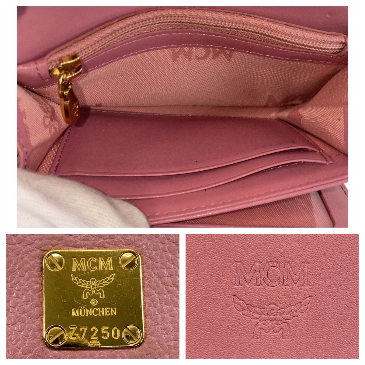 14587
MCM エム シー エム ピンク ゴールド金具 レザー 折財布 コンパクトウォレット  レディース