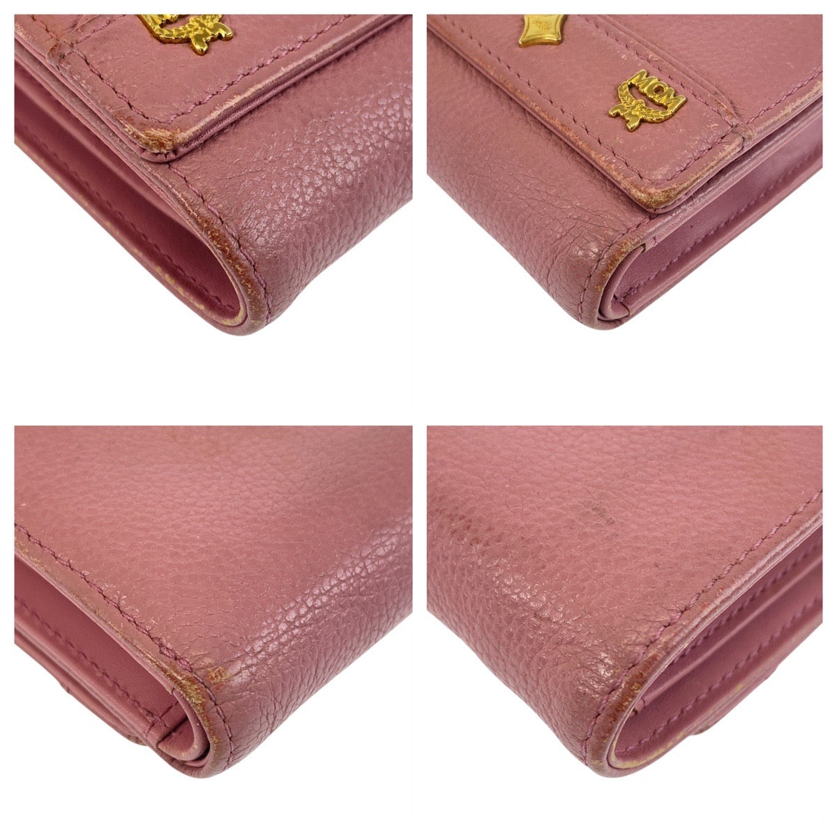 14587
MCM エム シー エム ピンク ゴールド金具 レザー 折財布 コンパクトウォレット  レディース