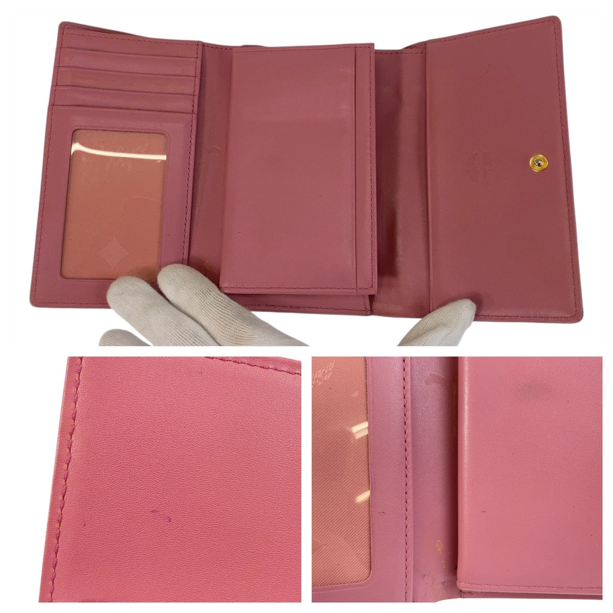 14587
MCM エム シー エム ピンク ゴールド金具 レザー 折財布 コンパクトウォレット  レディース