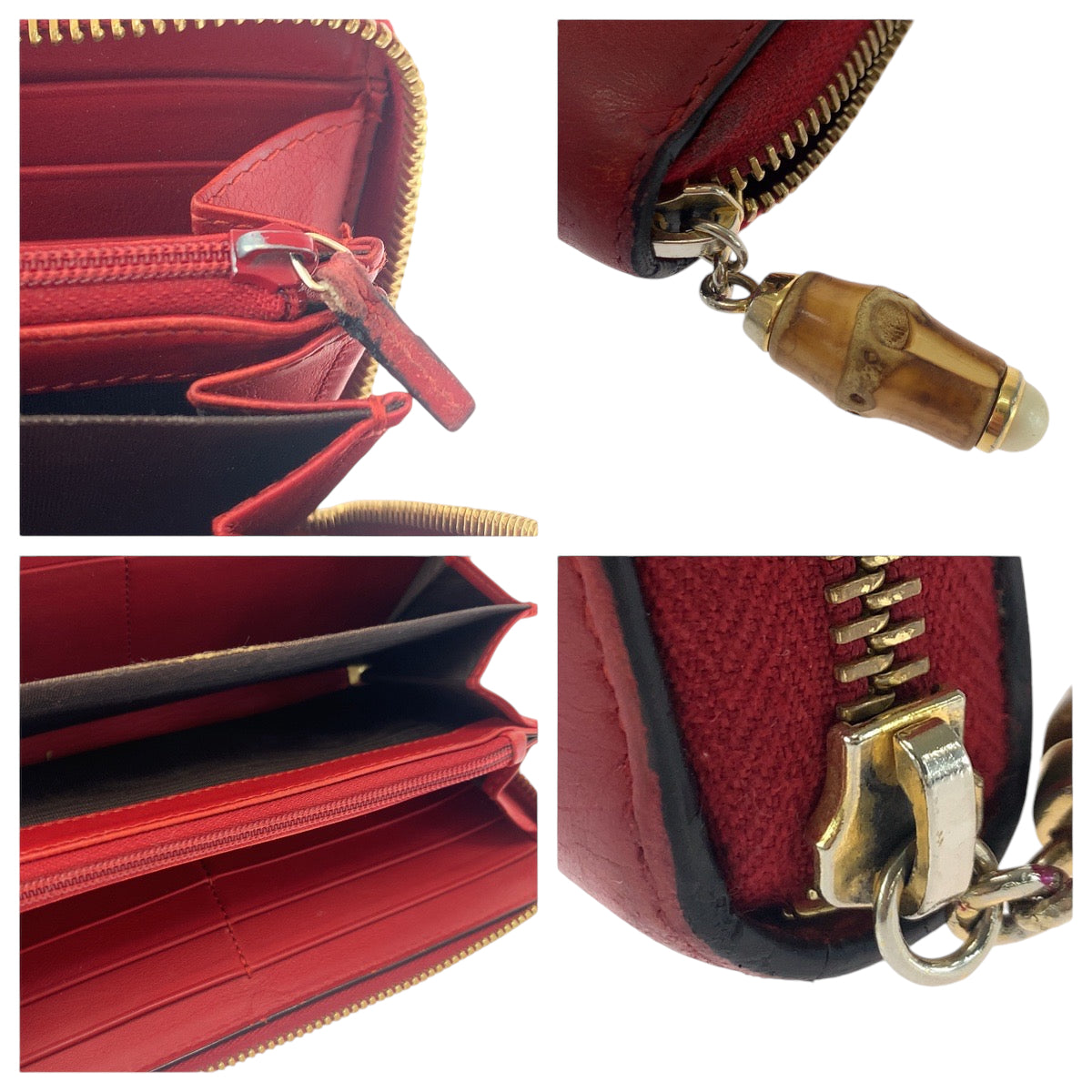 14590
GUCCI グッチ バンブー レッド ブラウン ゴールド金具 レザー 453158 長財布 ラウンドファスナー  レディース