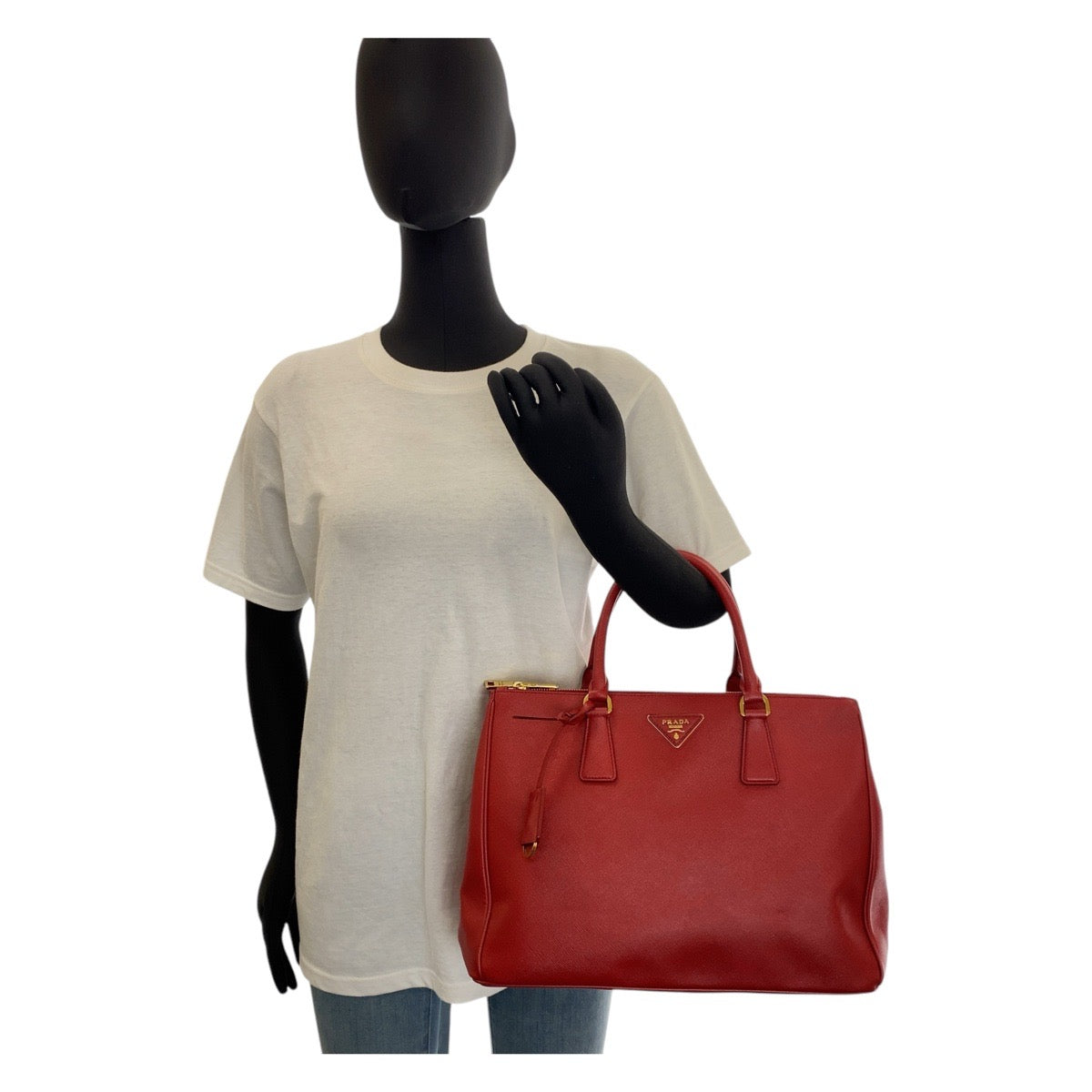 14606
 PRADA Prada Saffiano Galleria Red Gold Hardware Leather Handbag for Women