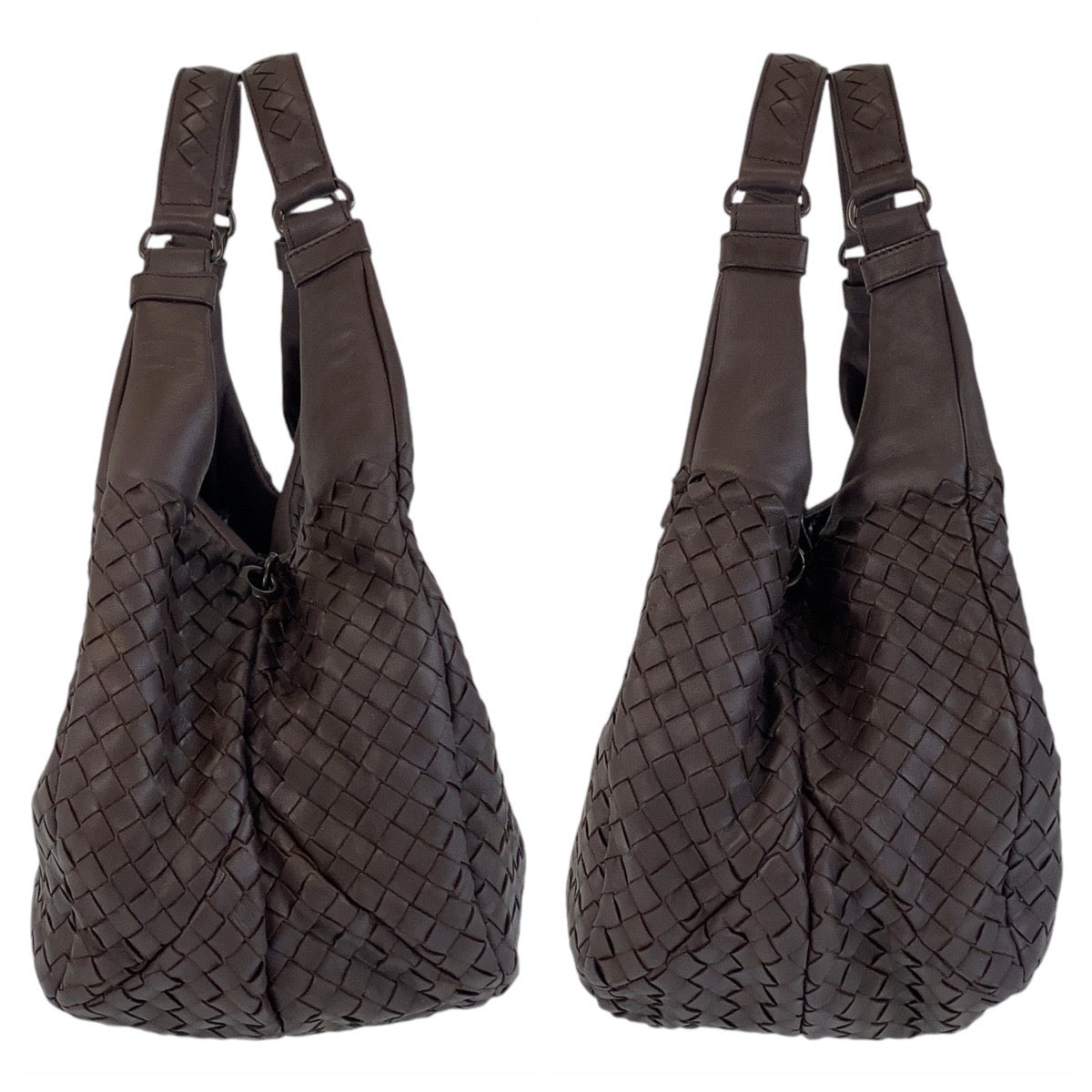14609
BOTTEGAVENETA ボッテガヴェネタ イントレチャート ブラウン レザー ホーボー ショルダーバッグ  レディース
