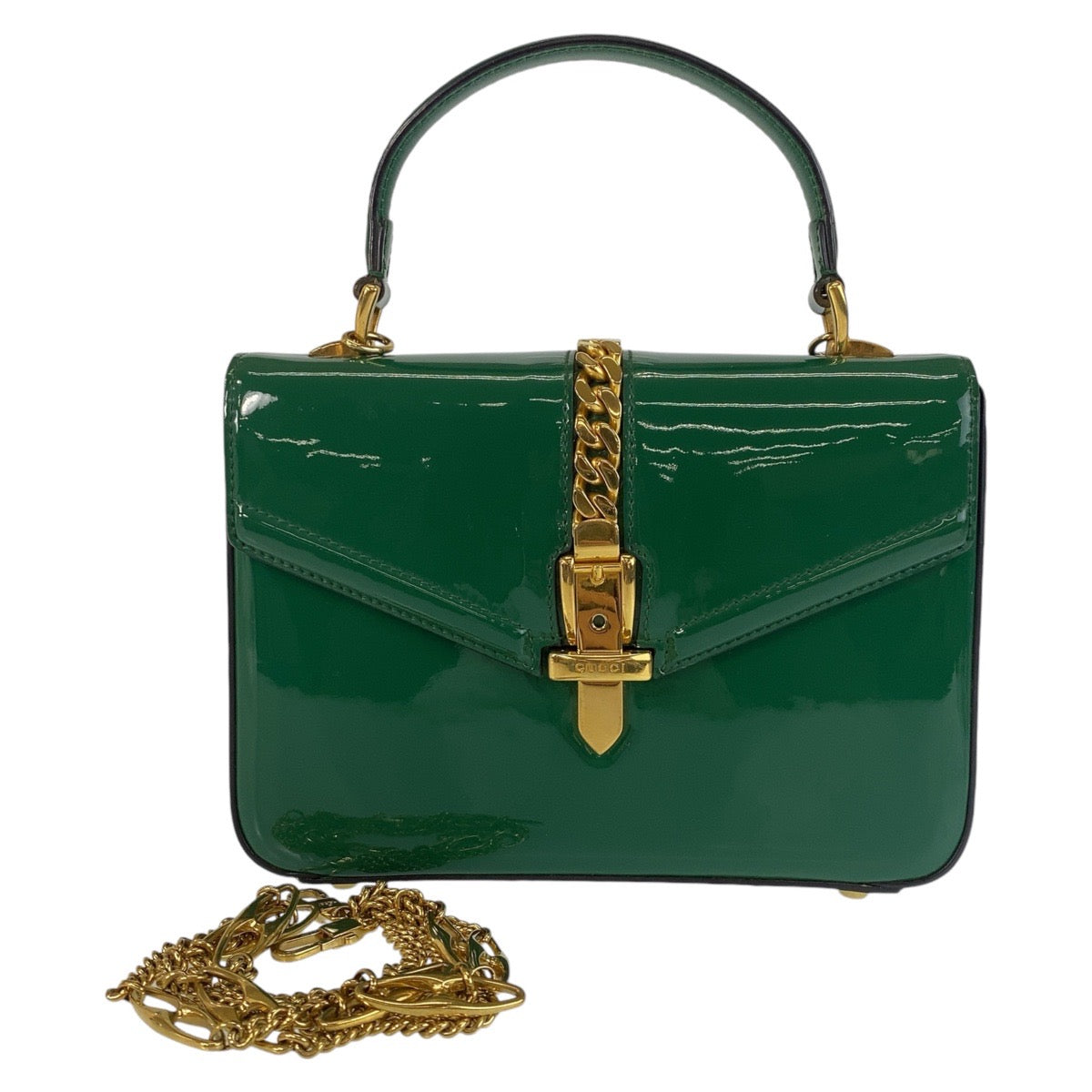 14616
GUCCI グッチ シルヴィ グリーン ゴールド金具 パテントレザー 589479 斜め掛け ショルダーバッグ ハンドバッグ 2way  レディース
